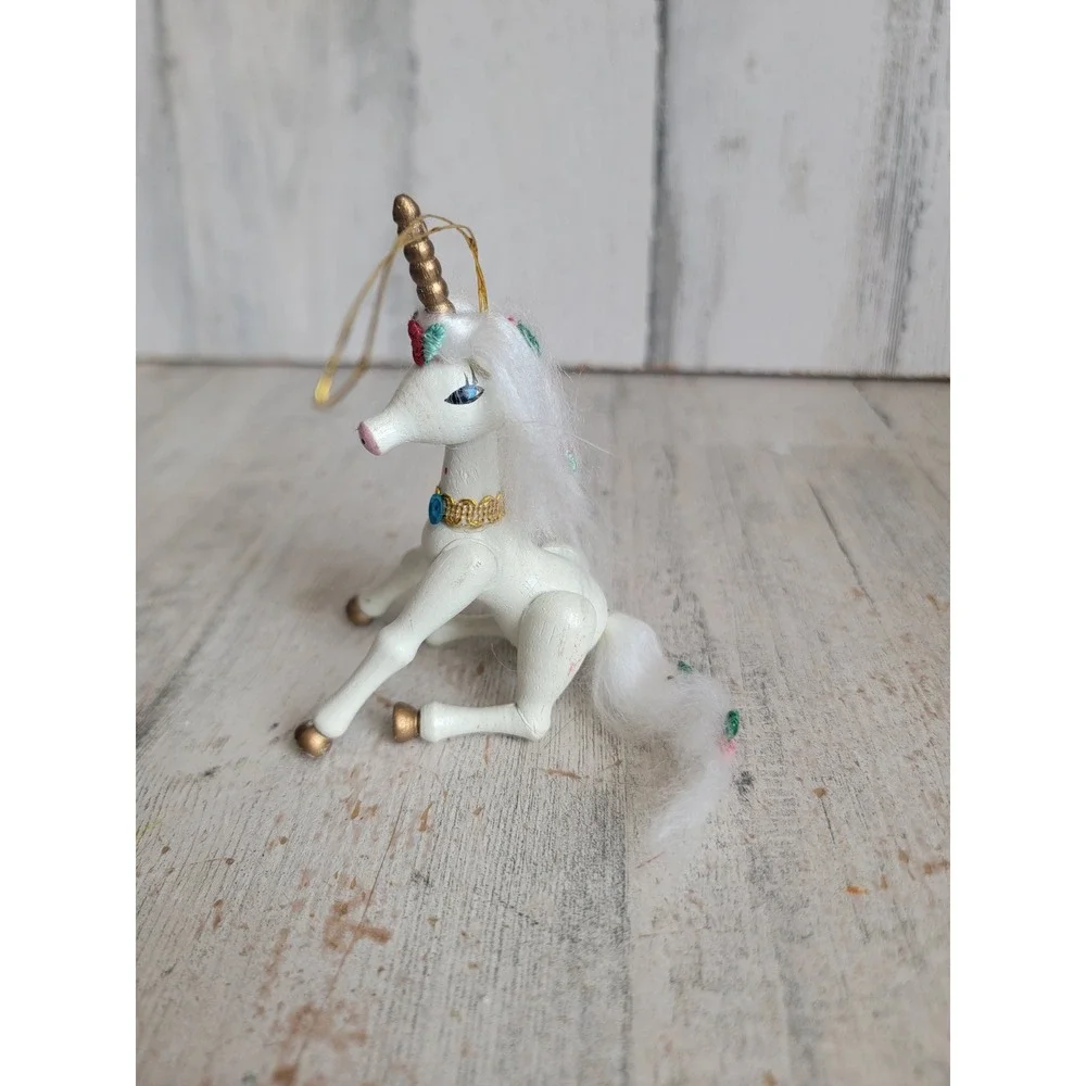 Vintage Kurt Adler unicorn sitting wooden ornament Xmas flower figure